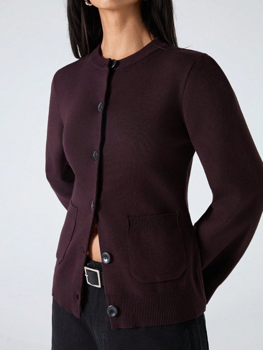 Mocha Brown Casual Women's Slim Patchwork Button-Up Cardigan Sweater - Picture 7 of 7
